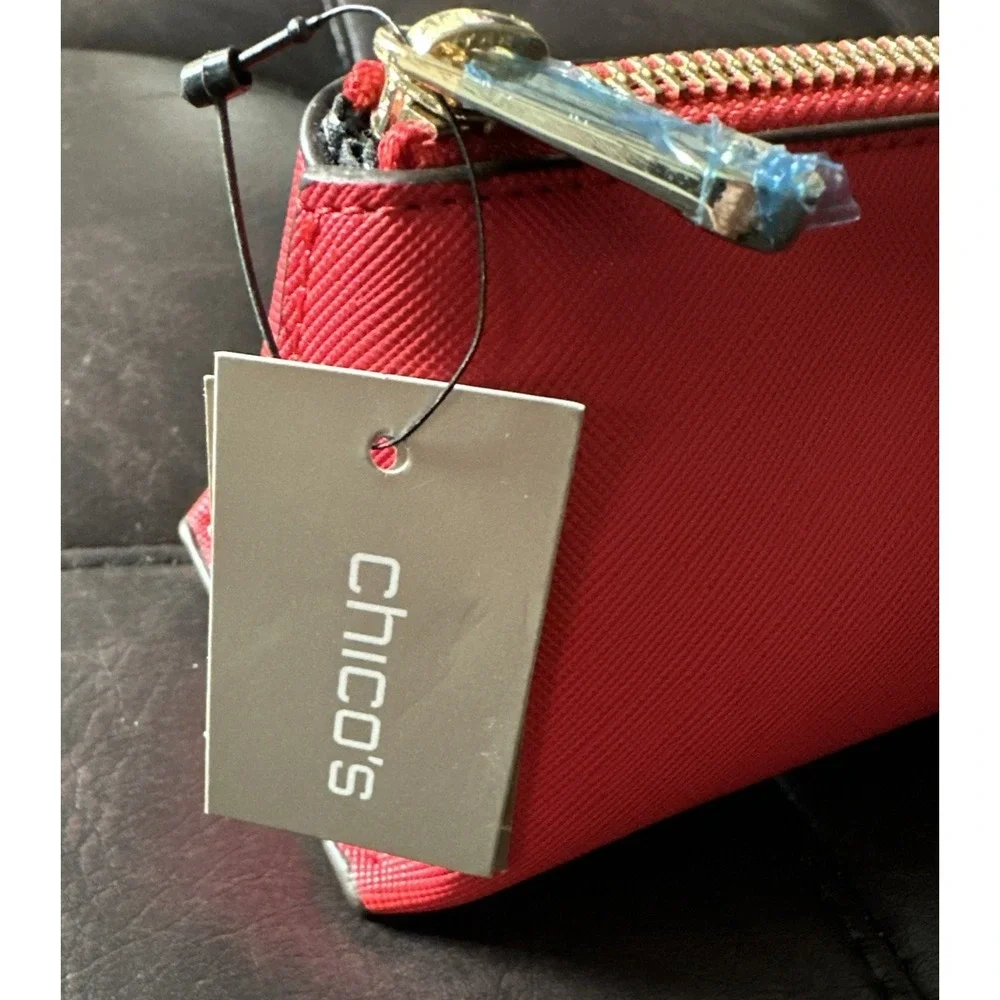 Chico's Red Cosmetic Pencil Case Black & White‎ Polka Dot Interior 8 x 3 x 2.5